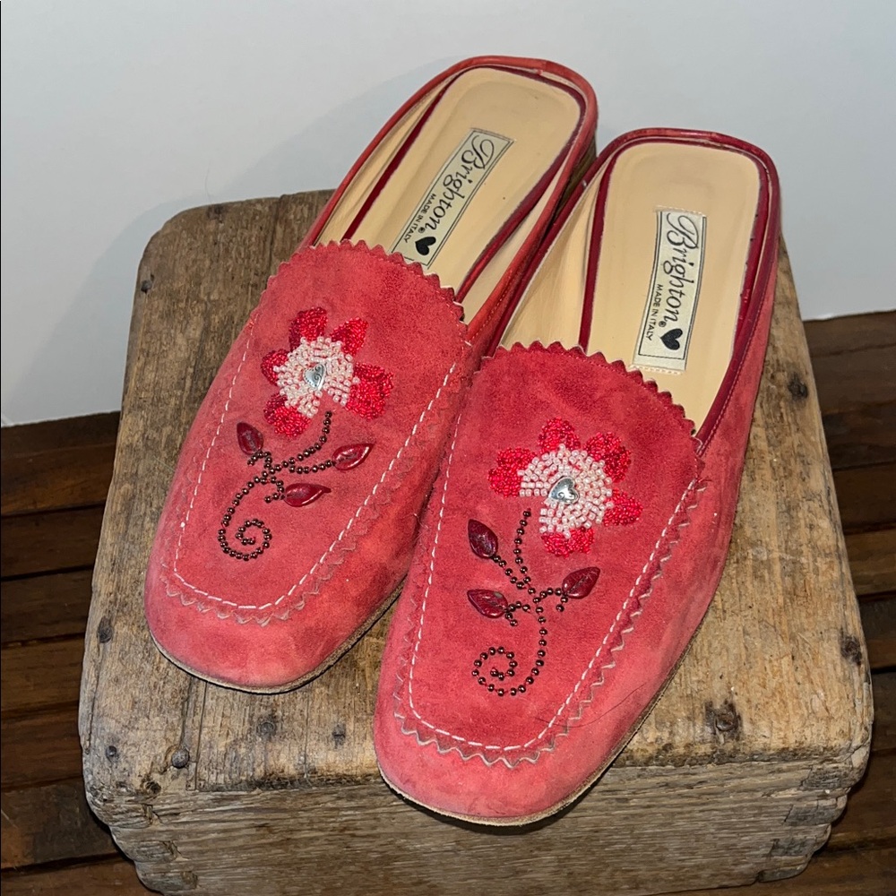 Brighton Women's Floral Red Suede Mules